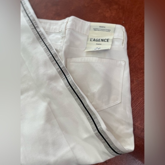 L'agence Nadia Jeans 24 High Rise Cropped Straight Stretch Pant Metallic Striped - Picture 7 of 15